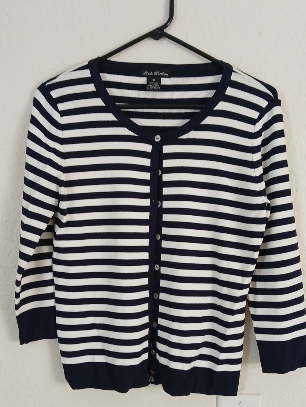 Stripe Button-Front Cardigan Sweater - Navy & White Size Medium